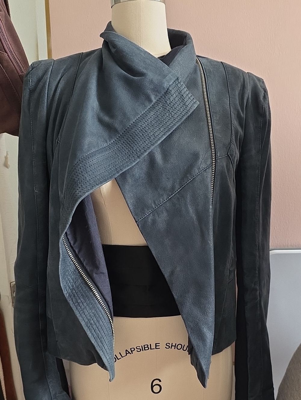 MAJE Womens Asymmetrical Lamb Suede Jacket - Slate Blue